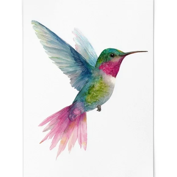 Watercolor Hummingbird Wall Art Print, Unframed - Enchanting Nature-Inspired - Picture 3 of 6